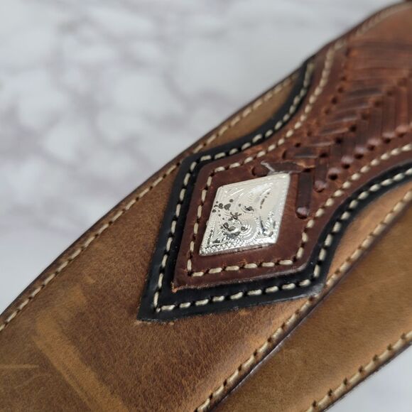 Nocona Men's Tan Top Hand Leather Western Belt with Concho Laced Billet - Picture 6 of 14